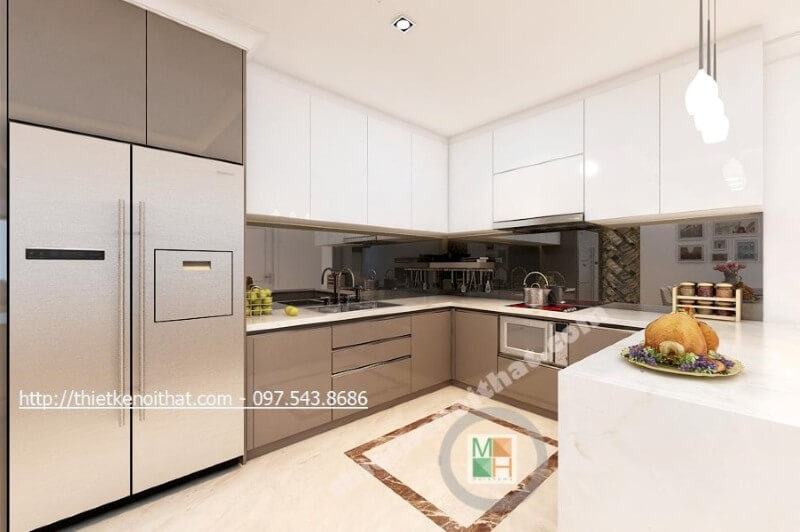 Tủ bếp hiện đại được thiết kế theo kiểu dáng chữ u đầy mới lạ, các ngăn tủ được phân chia một cách khoa học giúp cho người nội trợ dễ dàng tạo cảm hứng hơn trong quá trình nấu nướng Tủ bếp hiện đại