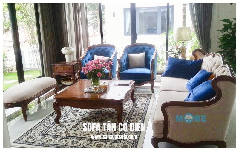 Hoàn thiện, bàn giao Sofa tân cổ điển MS-012 gỗ tự nhiên Óc chó, bọc nỉ cao cấp nhập khẩu tại chung cư Ecopark đơn giản