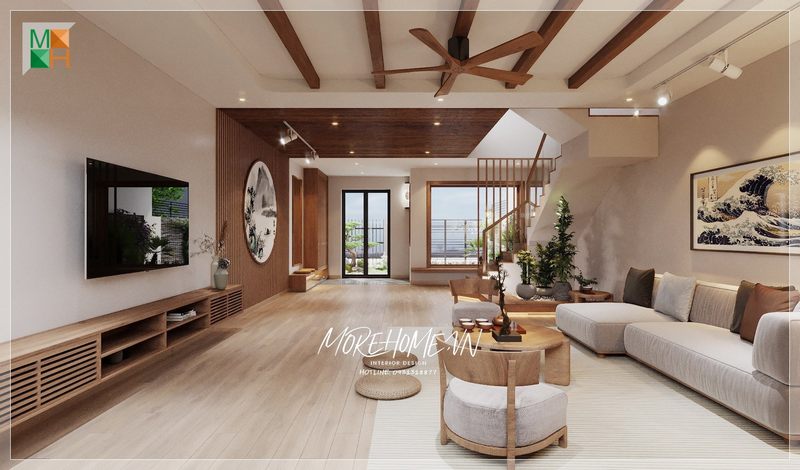 Phòng khách có thiết kế hiện đại hơi hướng truyền thống của Nhật, nội thất được sắp xếp phù hợp với diện tích và mục đích sử dụng của gia chủ, giúp tạo ra sự tiện nghi tối đa trong quá trình sử dụng.