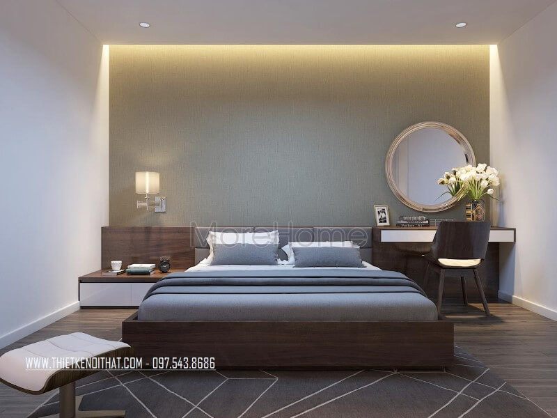 Mẫu giường ngủ gỗ bệt đầu giường bọc nệm có thiết kế đơn giản và hiện đại, là lựa chọn tuyệt vời cho phòng ngủ của nhà phố biệt thự.