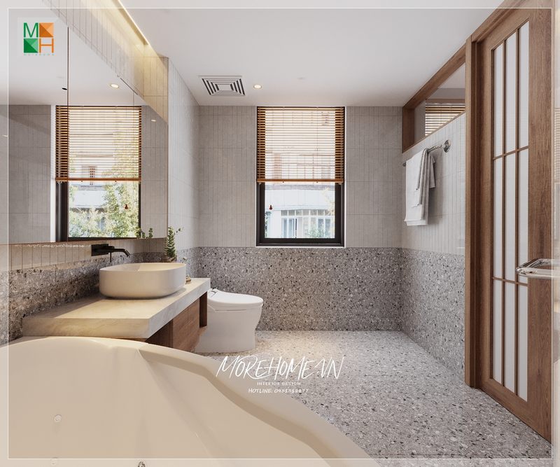 Phòng tắm được trang trí theo phong cách hiện đại và được sắp xếp hợp lý để phục vụ cho mục đích sử dụng của gia chủ, giúp họ cảm thấy thoải mái và tiện nghi nhất.